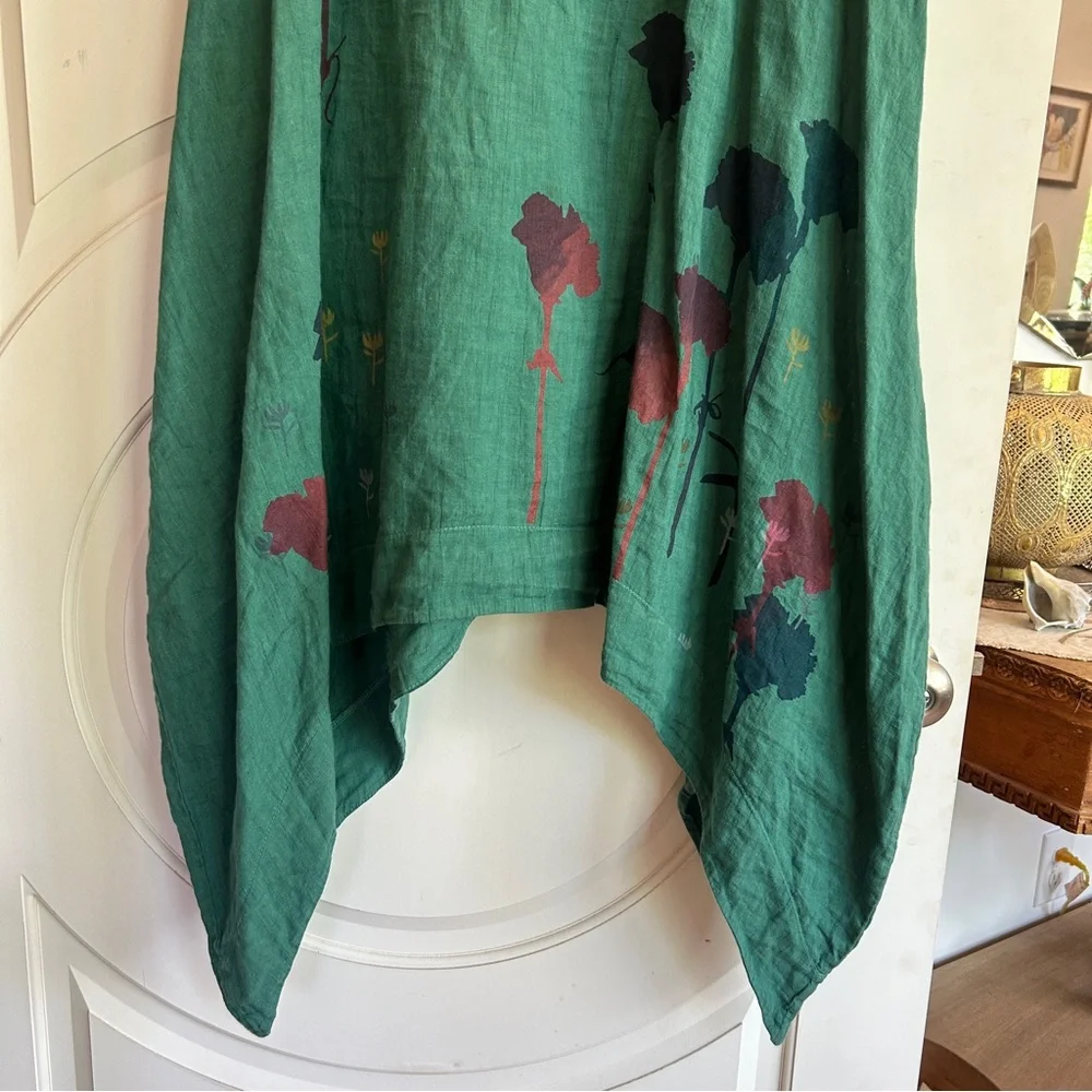 Blue Fish Handmade Hand Painted Teal Floral Summer Linen Dress EUC - Picture 2 of 6